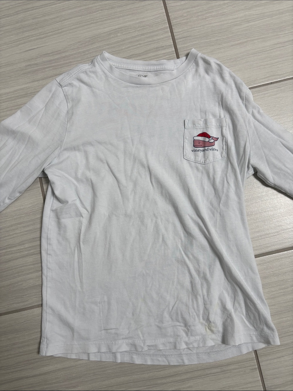 Vineyard Vines White Long Sleeve Pocket Tee with Christmas Logo M (12-14)